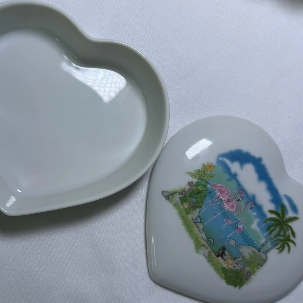 Vintage Papel Japan Flamingo Fantasy Ceramic Heart Jewelry Box Retro Home Decor